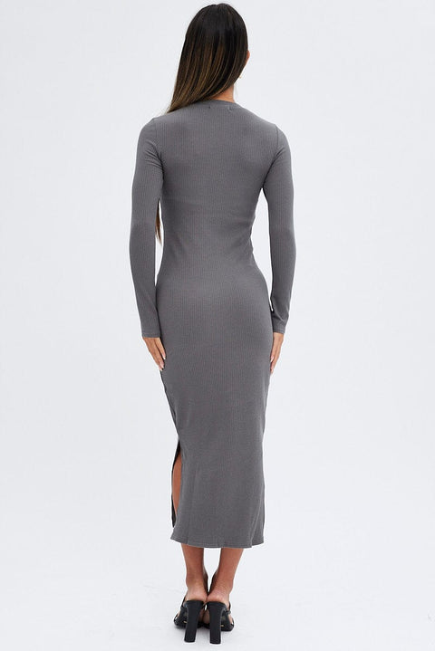 Grey Midi Dress Long Sleeve Mock Neck Cut Out Bodycon