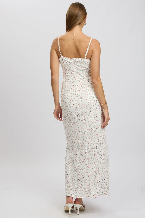 White Ditsy Midi Dress Gathering Bust Sleeveless