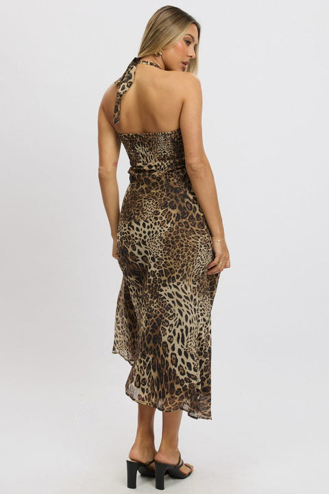 Brown Animal Print Midi Dress Halter Neck