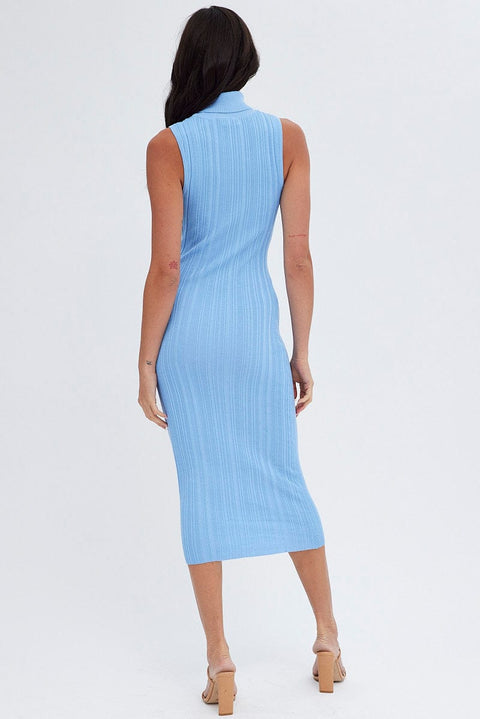 Blue Midi Dress Turtle Neck Bodycon Knitted Rib