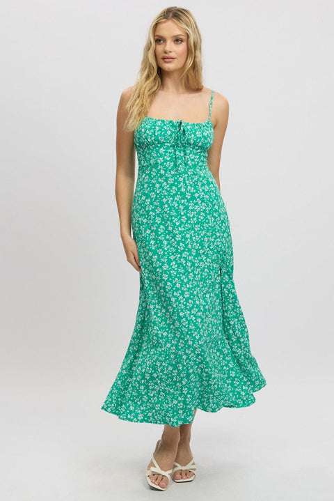 Green Ditsy Midi Dress Gathered Bust