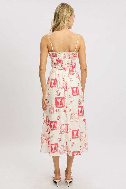 Red Abstract Midi Dress Ribbon Detail Strappy