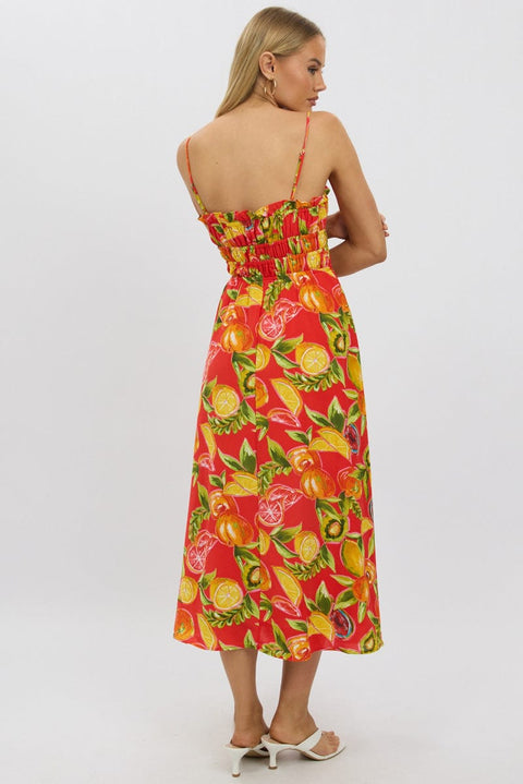 Red Abstract Midi Dress Ribbon Detail Strappy