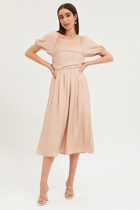 Beige Midi Dress Evening Square Neck
