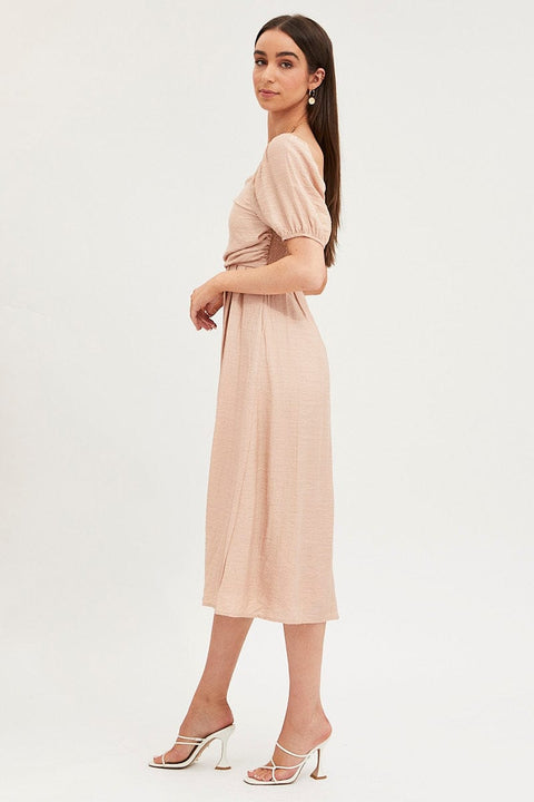 Beige Midi Dress Evening Square Neck