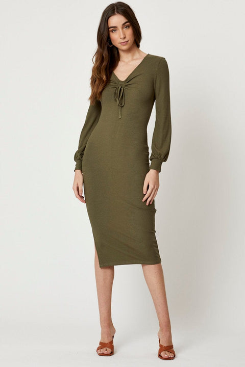 Green Ribbed Drawstring Midi Dress