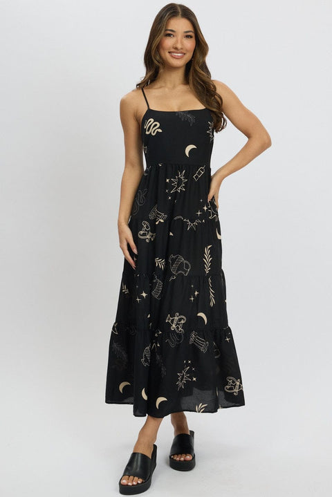 Black Abstract Midi Dress Tiered Strappy