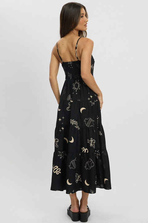 Black Abstract Midi Dress Tiered Strappy