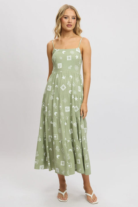 Green Abstract Midi Dress Tiered Strappy