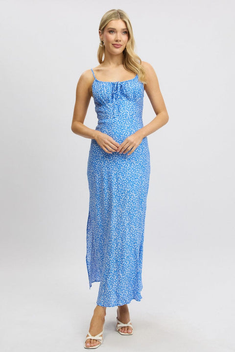 Blue Ditsy Midi Dress Gathering Bust Sleeveless