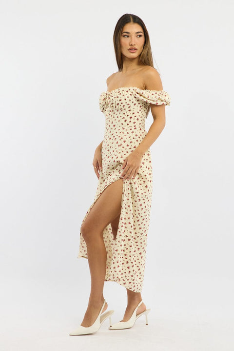 Beige Ditsy Midi Dress Short Sleeve Side Split