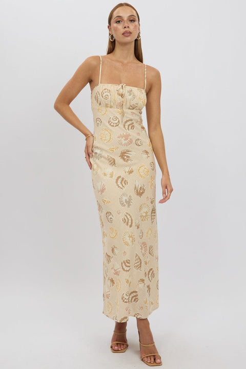 Beige Abstract Midi Dress Strappy