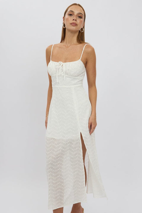 White Midi Dress Gathered Bust Eyelet Fabric