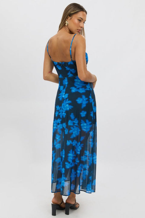 Blue Abstract Midi Dress Gathered Bust