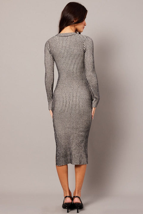 Black Stripe Midi Dress Long Sleeve Round Neck Rib Knitted