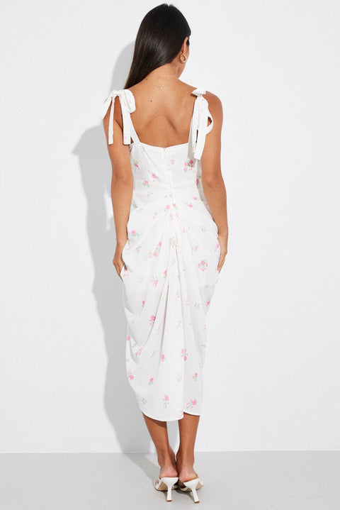 White Floral Draped Midi Dress Corset Detail Tie Shoulder