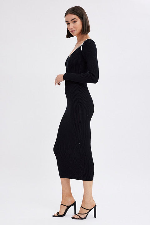 Black Midi Dress Long Sleeve Sweetheart Contrast Bind