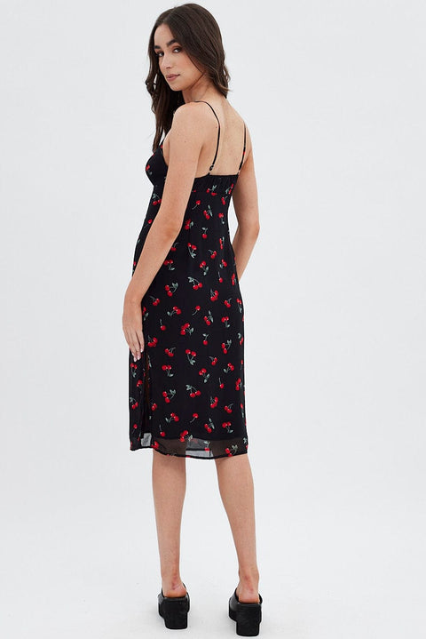 Red Floral Midi Dress Grunge Floral Print