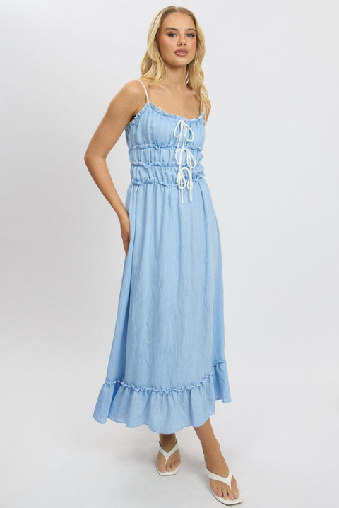 Blue Midi Dress Contrast Tie