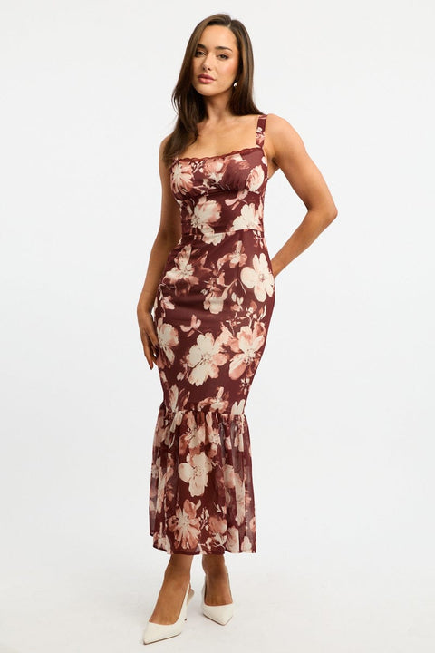 Black Floral Midi Dress Hem Frill