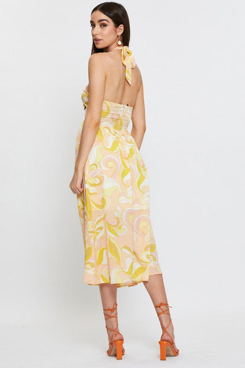 Abstract Print Maxi Dress Sleeveless Halter Neck