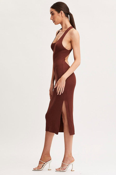 Brown Keyhole Dress Sleeveless Midi Knit