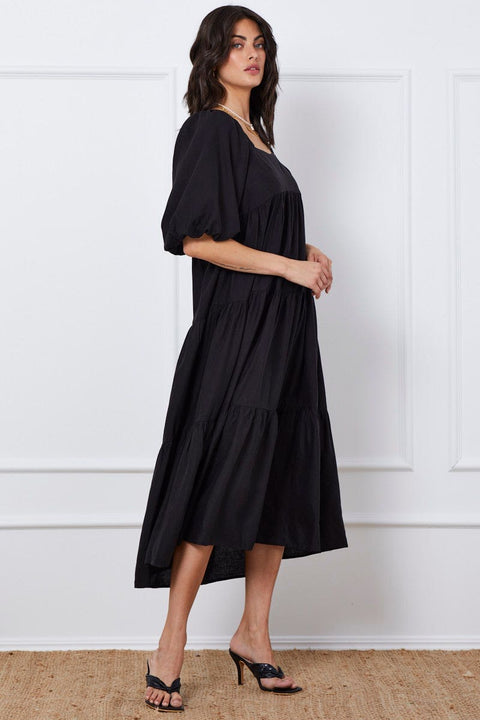 Black Midi Dress Short Sleeve Square Neck